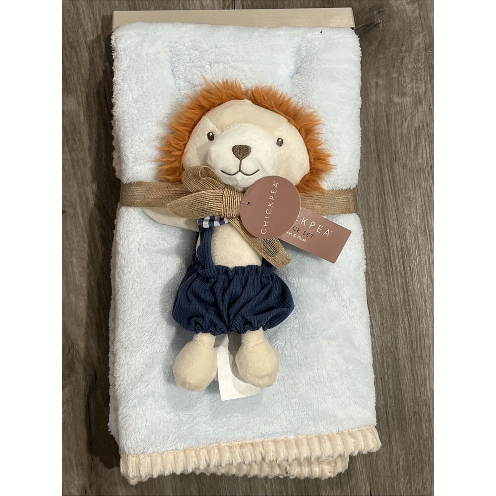 Chick Pea LION Baby Blanket Lovey Set Blue Corduroy Pants Textured Ribbed Trim